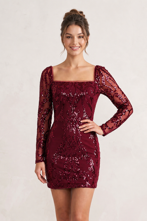 Burgundy Square Neck Sheath Long Sleeves Sequins Mini Homecoming Dresses | KISSPROM