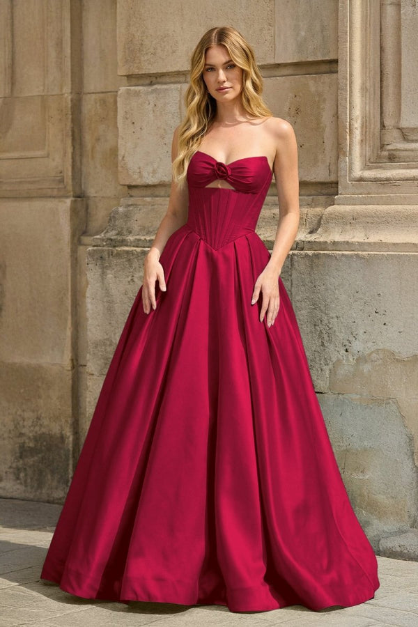 Burgundy  Strapless A Line Pleated Satin Long Prom Dresses With Flower - KissProm