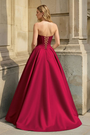 Burgundy Strapless A Line Pleated Satin Long Prom Dresses With Flower - KissProm