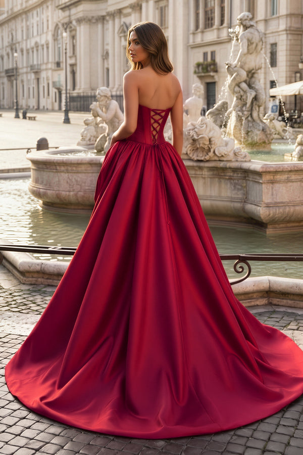 Burgundy Strapless A Line Satin Long Formal Dress With 3D Flower | KISSPROM