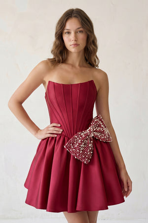 Burgundy Strapless A-Line Satin Mini Corset Homecoming Dress With Bow - KISSPROM
