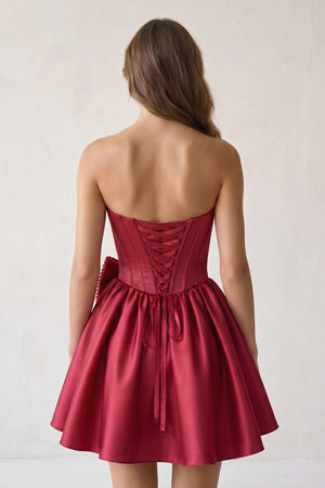 Burgundy Strapless A-Line Satin Mini Corset Homecoming Dress With Bow - KISSPROM