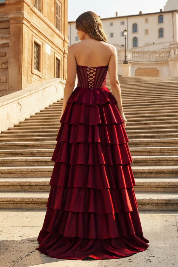 KissProm-Burgundy Sweetheart A Line Satin Ruffled Long Prom Dresses With Slit