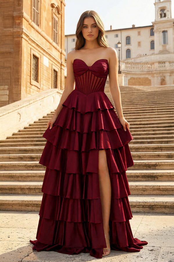 KissProm-Burgundy Sweetheart A Line Satin Ruffled Long Prom Dresses With Slit