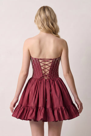 Burgundy Strapless A Line Satin Ruffles Homecoming Dresses With Pearls (2) | KISSPROM