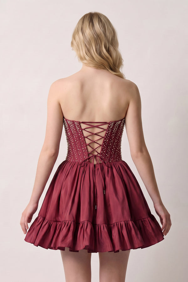 Burgundy Strapless A Line Satin Ruffles Homecoming Dresses With Pearls (2) | KISSPROM