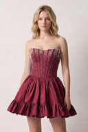 Burgundy Strapless A Line Satin Ruffles Homecoming Dresses With Pearls | KISSPROM
