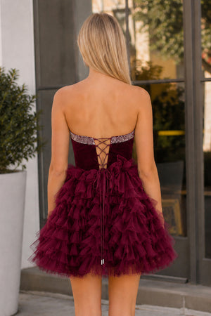 Burgundy Strapless A Line Tiered Tulle Homecoming Dress With Bow (2) | KISSPROM