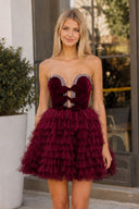 Burgundy Strapless A Line Tiered Tulle Homecoming Dress With Bow | KISSPROM