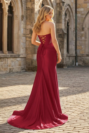 Burgundy Strapless Mermaid Satin Beaded Long Prom Dresses With Slit - KissProm