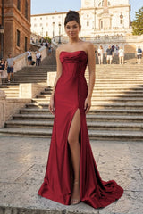 Burgundy Strapless Mermaid Satin Corset Long Formal Dress With Slit | KISSPROM