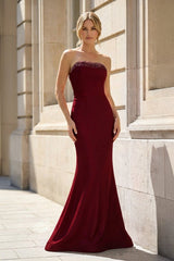 Burgundy Strapless Mermaid Satin Long Prom Dresses With Beading - KissProm