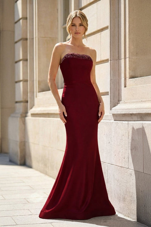 Burgundy Strapless Mermaid Satin Long Prom Dresses With Beading - KissProm