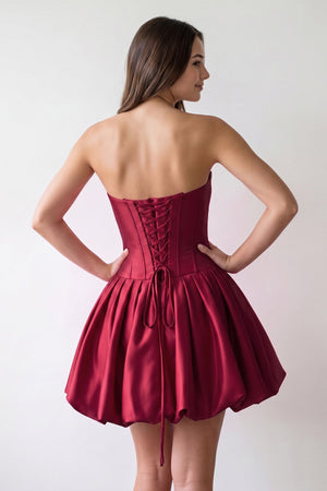 Burgundy Strapless Satin A-Line Ruched Corset Homecoming Dress with Beading (2) | KISSPROM