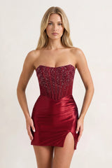 Burgundy Strapless Satin Corset Bodycon Mini Party Dress with Beading | KISSPROM