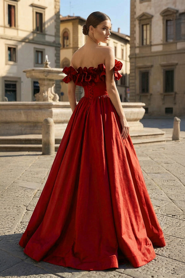 KissProm- Burgundy Strapless Satin Long Prom Dress, A-Line Evening Party Dress