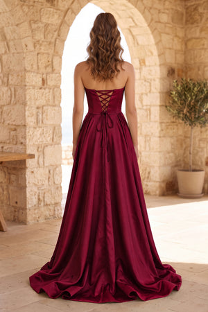 Burgundy Strapless Satin Long Prom Dress With High Split (2) | KISSPROM