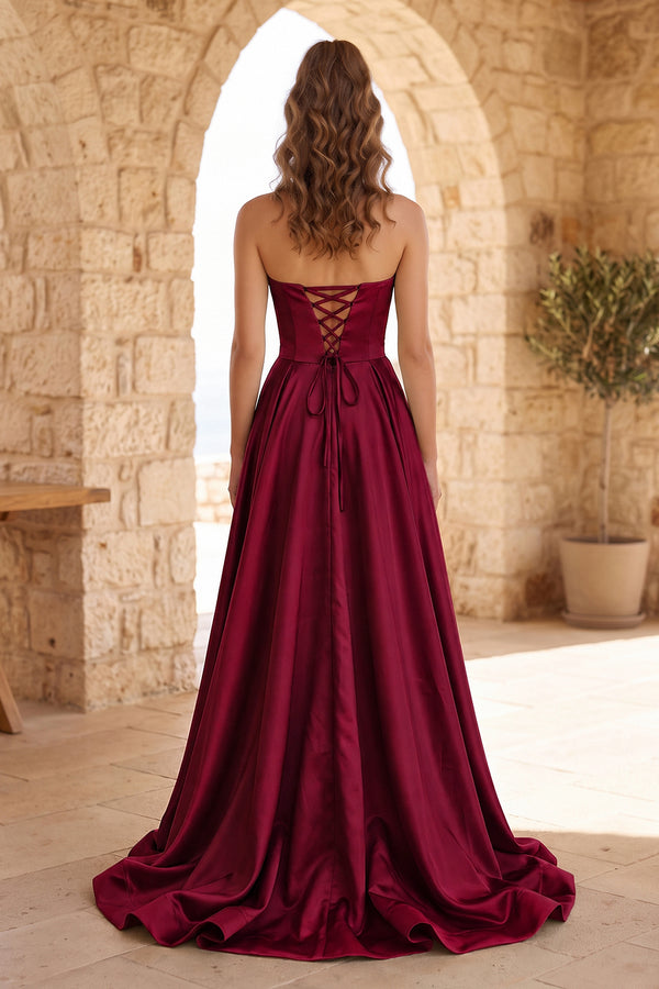 Burgundy Strapless Satin Long Prom Dress With High Split (2) | KISSPROM