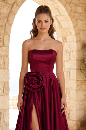 Burgundy Strapless Satin Long Prom Dress With High Split (3) | KISSPROM