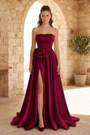 Burgundy Strapless Satin Long Prom Dress With High Split | KISSPROM