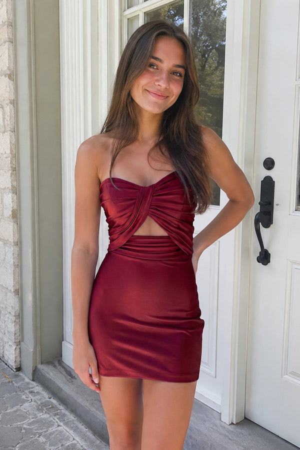 Burgundy Strapless Sheath Short Homecoming Dresses | KISSPROM