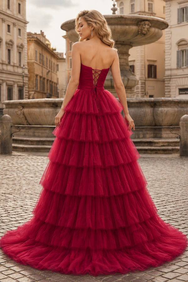 A-Line Strapless Tiered Tulle Prom Dress with Ruffles - KissProm