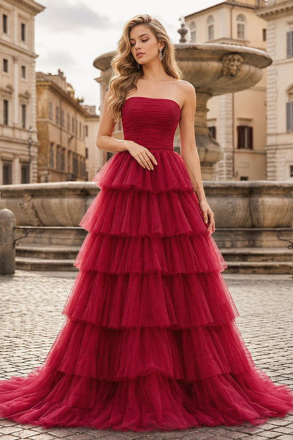 A-Line Strapless Tiered Tulle Prom Dress with Ruffles - KissProm