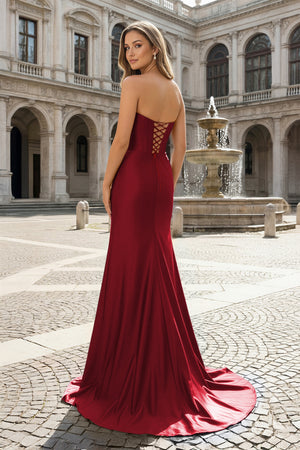KissProm-Burgundy Sweetheart Satin Mermaid Long Prom Dresses with Beading