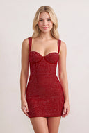 Burgundy Sweetheart Satin Sheath Homecoming Dress with Rhinestones | KISSPROM
