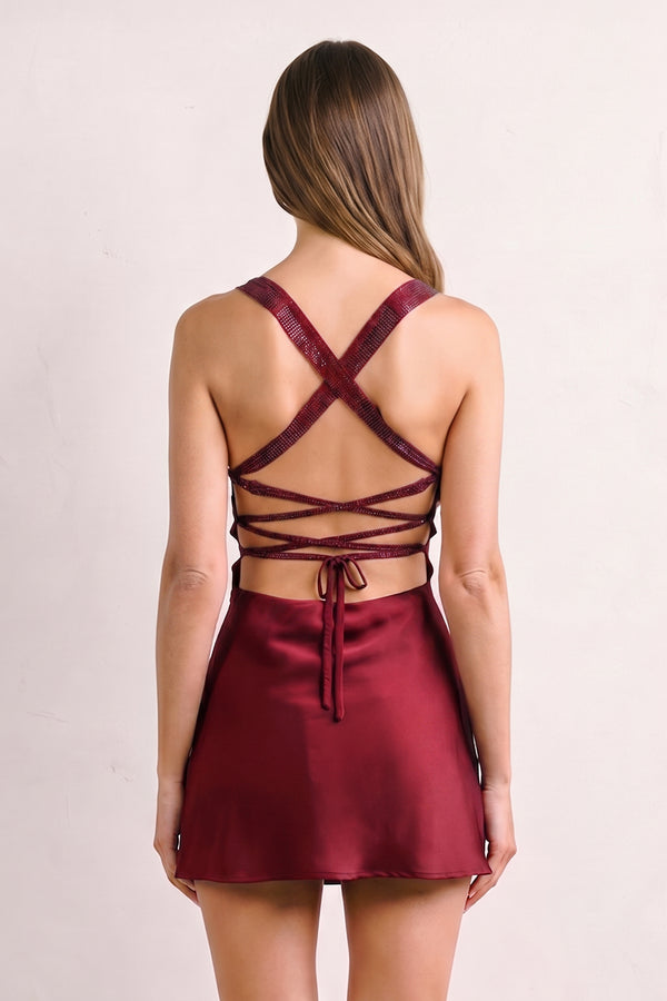 Burgundy Sweetheart Satin Sheath Mini Homecoming Dress With Beading | KISSPROM