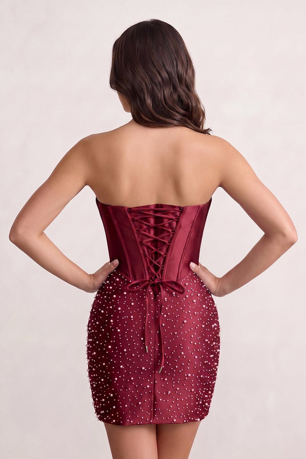 Burgundy Sweetheart Sheath Satin Corset Mini Party Dress With Pearl (2) | KISSPROM