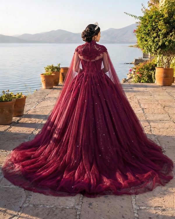 Burgundy Tulle Ball Gown Prom Dress With Cape (2) | KISSPROM