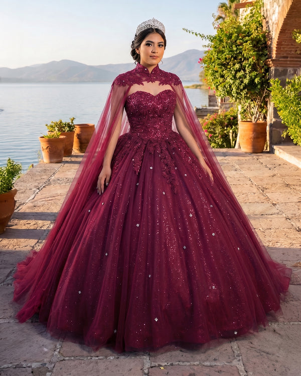 Burgundy Tulle Ball Gown Prom Dress With Cape | KISSPROM