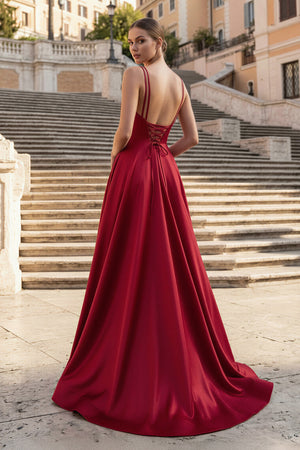 KissProm-Burgundy V Neck A Line Satin Long Prom Dresses With Slit