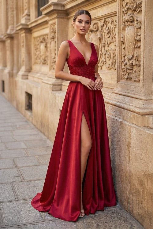 Burgundy V Neck Lace Long Prom Evening Dress with High Slit - KissProm