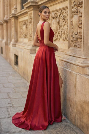 Burgundy V Neck Lace Long Prom Evening Dress with High Slit - KissProm