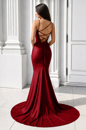 Purple Spaghetti Straps Lace-Up Mermaid Long Formal Dress-KissProm
