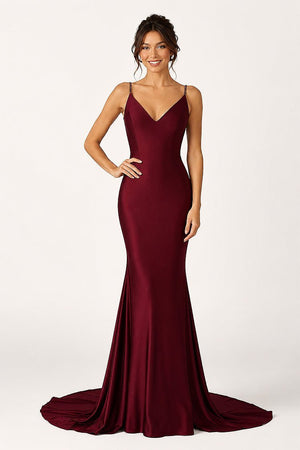 Burgundy V-Neck Mermaid Beaded Backless Long Formal Dress | KISSPROM