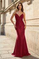 Burgundy V Neck Mermaid Satin Beaded Long Prom Dresses With Appliques - KissProm