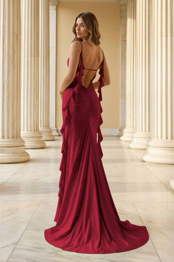 KissProm-Burgundy Spaghetti Straps Mermaid Satin Ruffled Long Prom Dresses With Slit