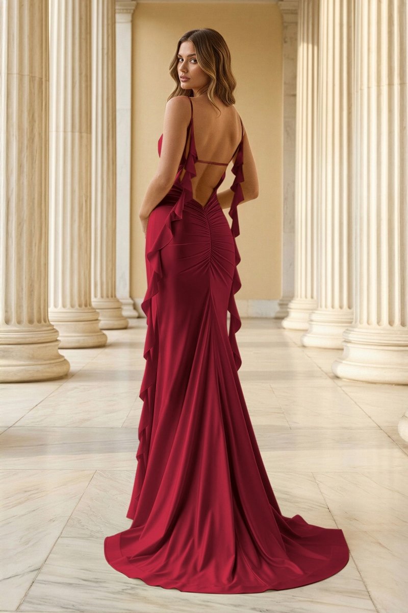 Yellow Spaghetti Straps Mermaid Satin Ruffled Long Prom Dresses with Slit Yellow / 8