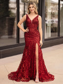Mermaid V Neck Sequined Lace Prom Dress with Slit - KissProm 