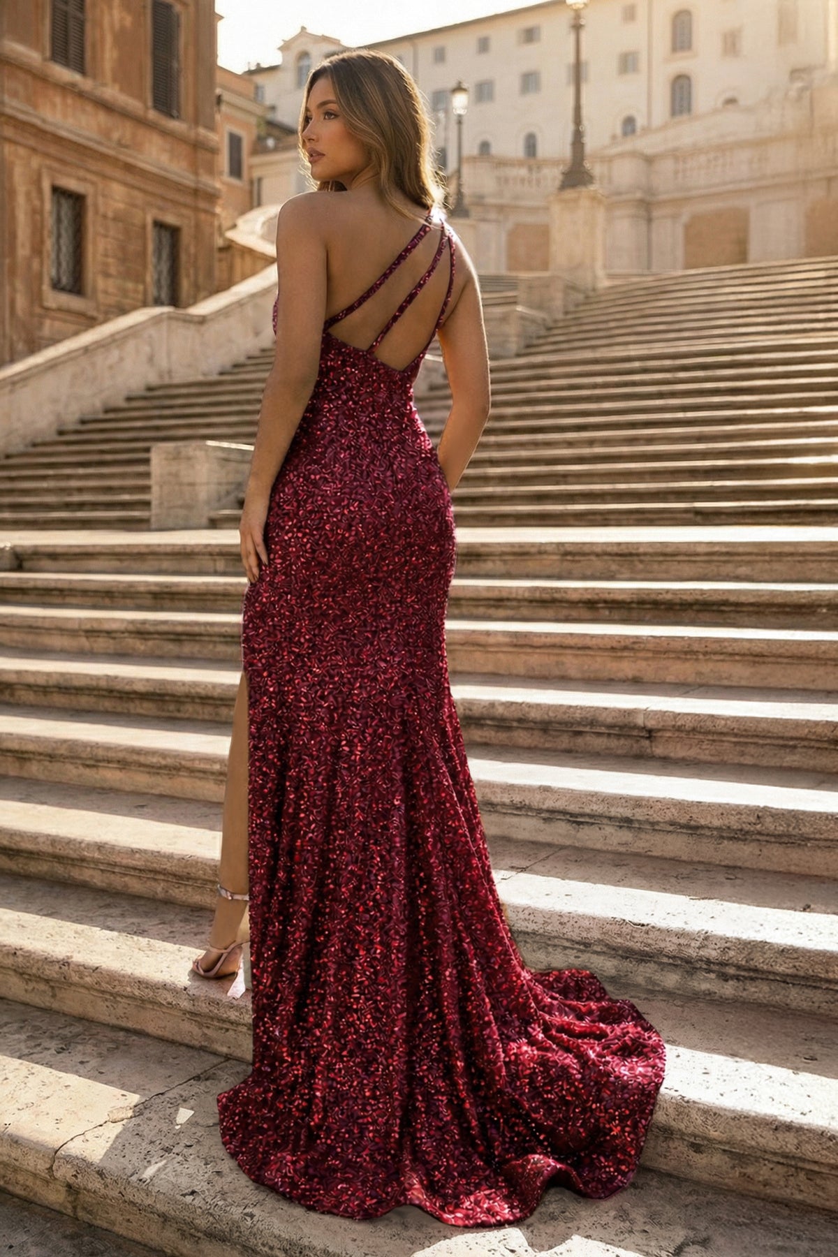 KissProm Mermaid One-Shoulder Sequins Prom Dress With Tassels, Burgundy / 12