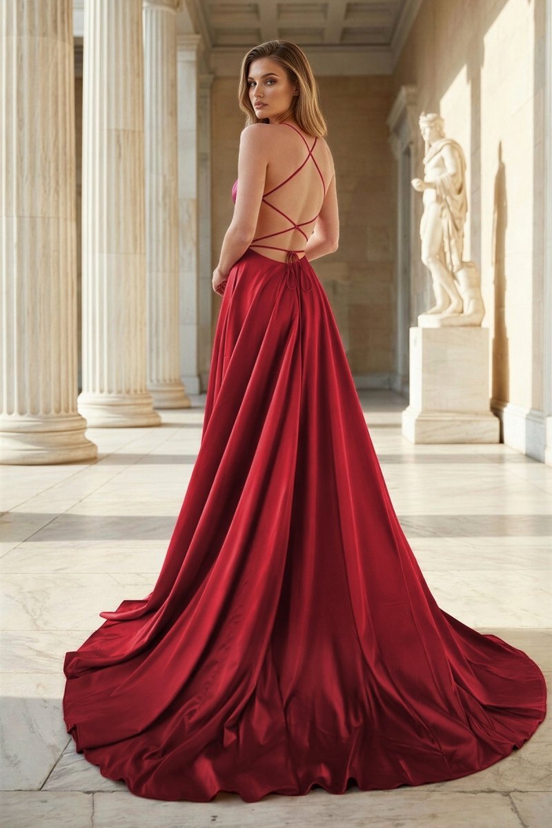 Pink Spaghetti Straps Satin Backless A Line Prom Dress With Pockets