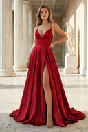 Pink Spaghetti Straps Satin Backless A Line Prom Dress With Pockets - KissProm