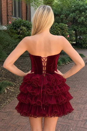 Burgundy Velvet Sweetheart Ruffles Short Homecoming Dress (2) | KISSPROM