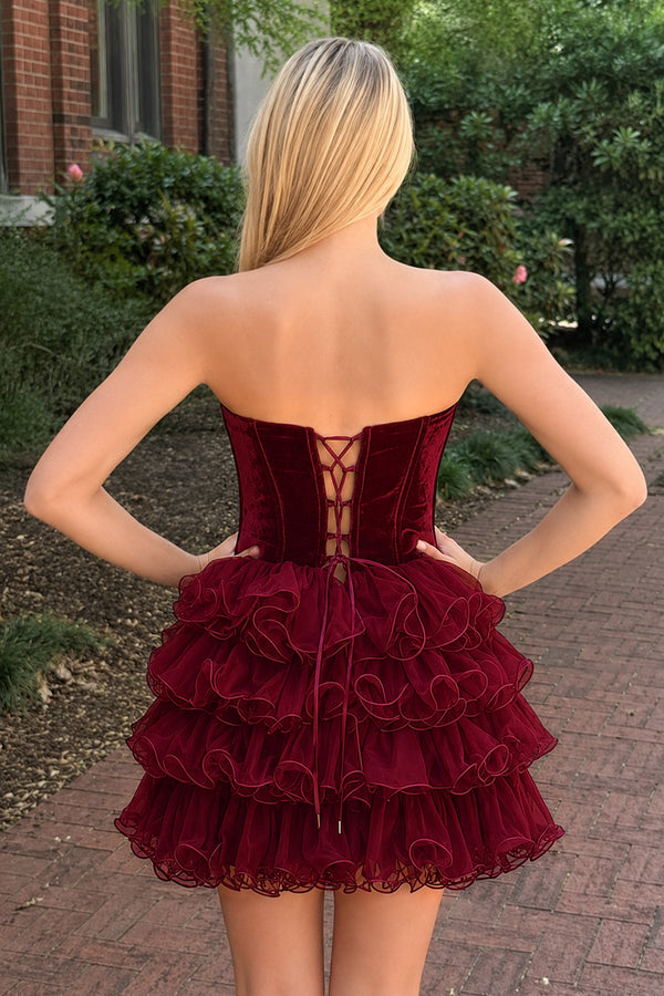 Burgundy Velvet Sweetheart Ruffles Short Homecoming Dress (2) | KISSPROM
