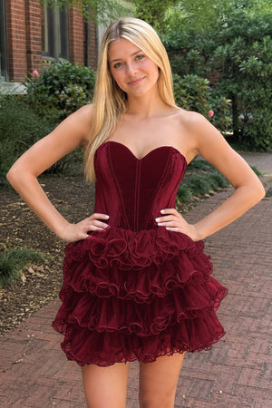 Burgundy Velvet Sweetheart Ruffles Short Homecoming Dress | KISSPROM