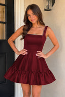 Zinovia Black A Line Satin Square Neck Ruffles Short Homecoming Dresses - KissProm