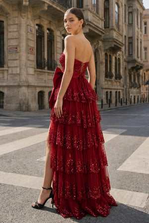 A-Line Sweetheart Sequin Ruffles Long Prom Dresses with Bow - KissProm